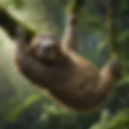 Majestic green sloth hanging from a moss-covered branch in lush rainforest