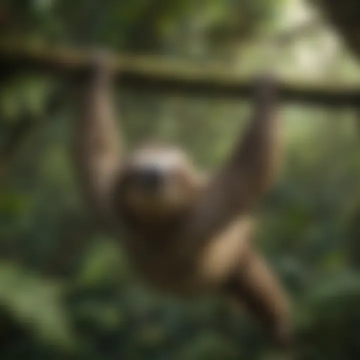 Green sloth gracefully moving through the canopy of the rainforest with ease
