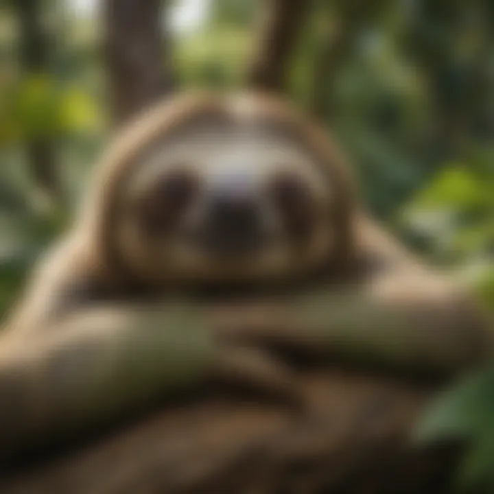 Close-up of a green sloth peacefully resting on a tree trunk amidst tropical foliage