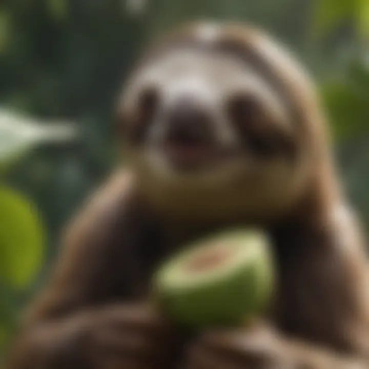 Green sloth engaging in its eco-friendly behavior of sustainable leaf consumption
