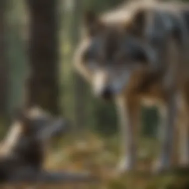Grey wolf interacting with other wildlife in a diverse ecosystem
