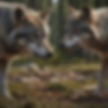 Grey wolf pack hunting in the wilderness