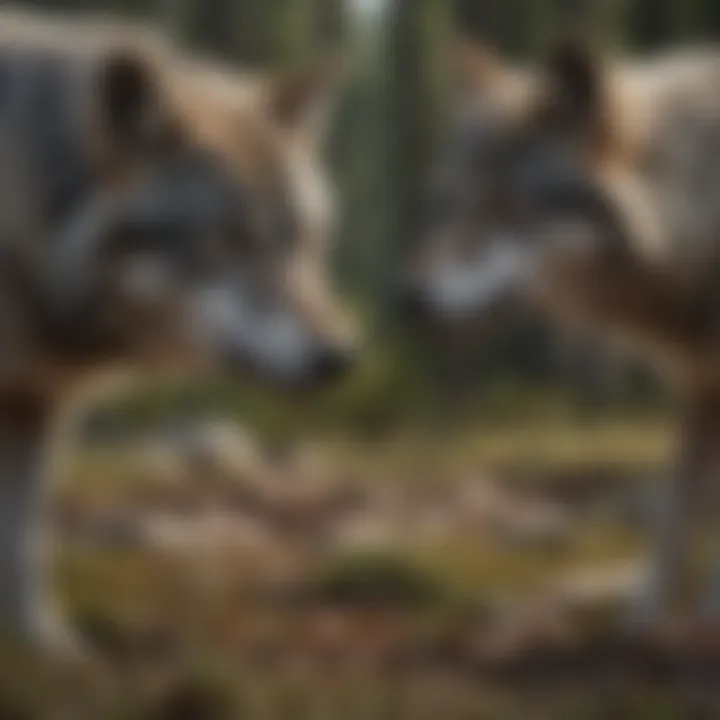 Grey wolf pack hunting in the wilderness