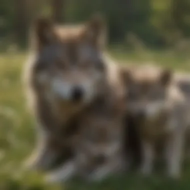 Grey wolf den with pups in a serene meadow