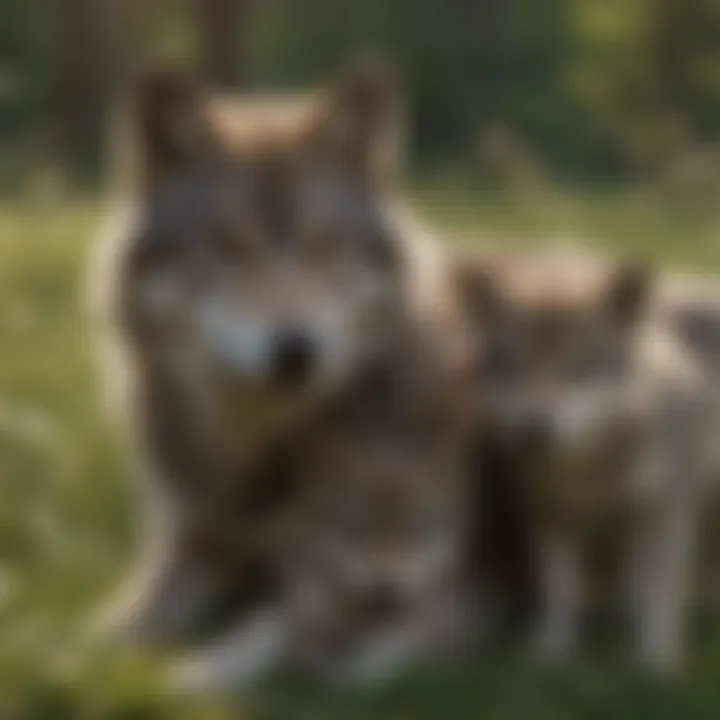 Grey wolf den with pups in a serene meadow