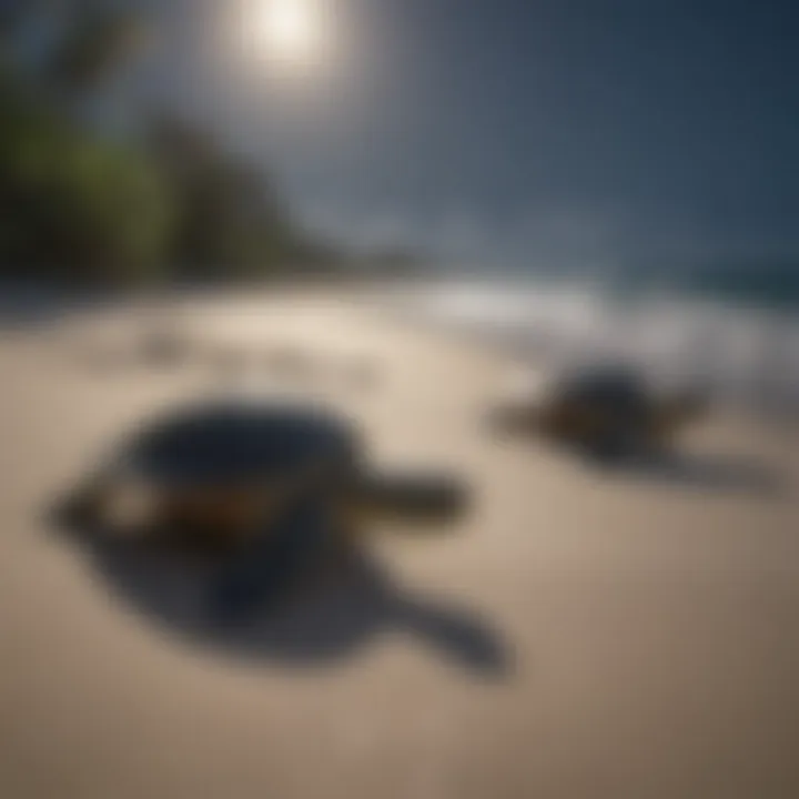 Sea turtle hatchlings making their way to the ocean under moonlight