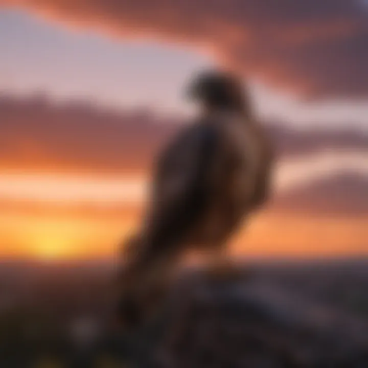 Silhouette of a hawk against a fiery sunset sky