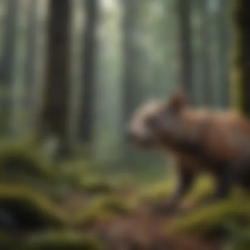 A serene forest habitat showcasing diverse flora and fauna