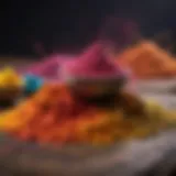 A vibrant display of colored powders used during Holi celebrations.