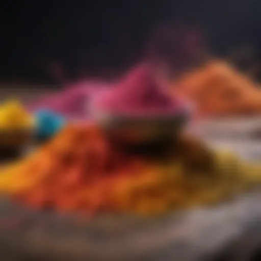 A vibrant display of colored powders used during Holi celebrations.