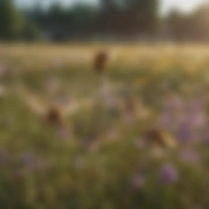 Honey bees buzzing around a field of blooming wildflowers