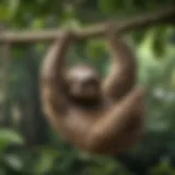 A sloth hanging from a tree branch with lush green leaves