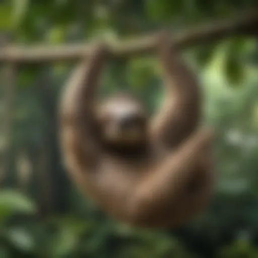 A sloth hanging from a tree branch with lush green leaves