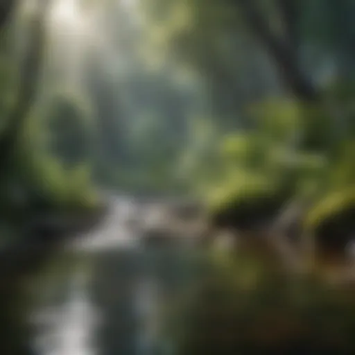 A serene natural landscape featuring a clear stream surrounded by lush vegetation