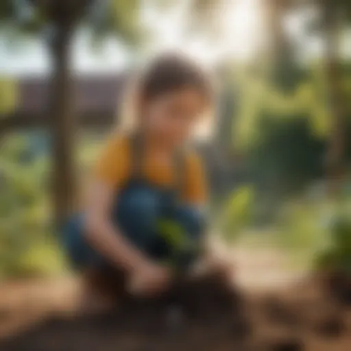 A child planting a tree in a sunny garden