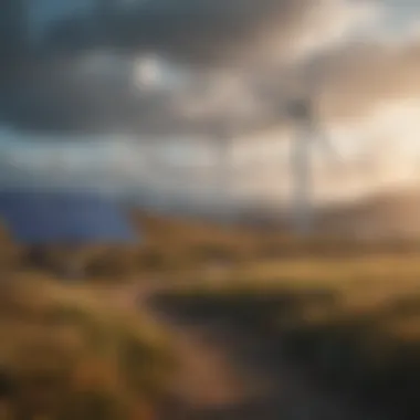 A serene landscape with wind turbines and solar panels