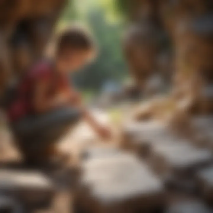 A child examining limestone outdoors