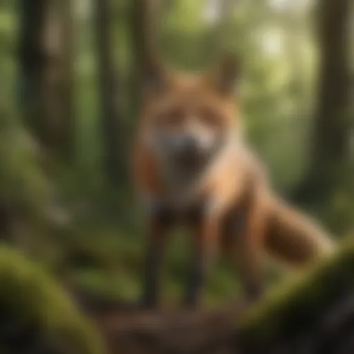 A striking red fox in a lush green forest
