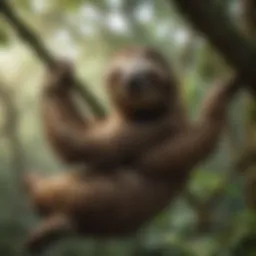 Sloth hanging on a tree branch in a lush rainforest