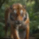 A majestic tiger prowling through the dense jungle, showcasing its vibrant orange coat and striking black stripes.
