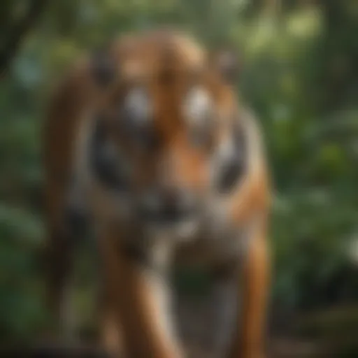 A majestic tiger prowling through the dense jungle, showcasing its vibrant orange coat and striking black stripes.