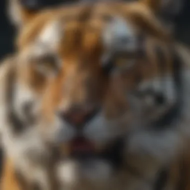 A close-up view of a tiger's face, emphasizing its powerful jaws and piercing eyes, revealing the essence of a predator.