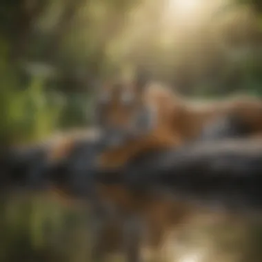 A serene landscape featuring a tiger resting beside a calm water body, illustrating the beauty of its habitat.