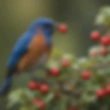A close-up of a bluebird feeding on berries