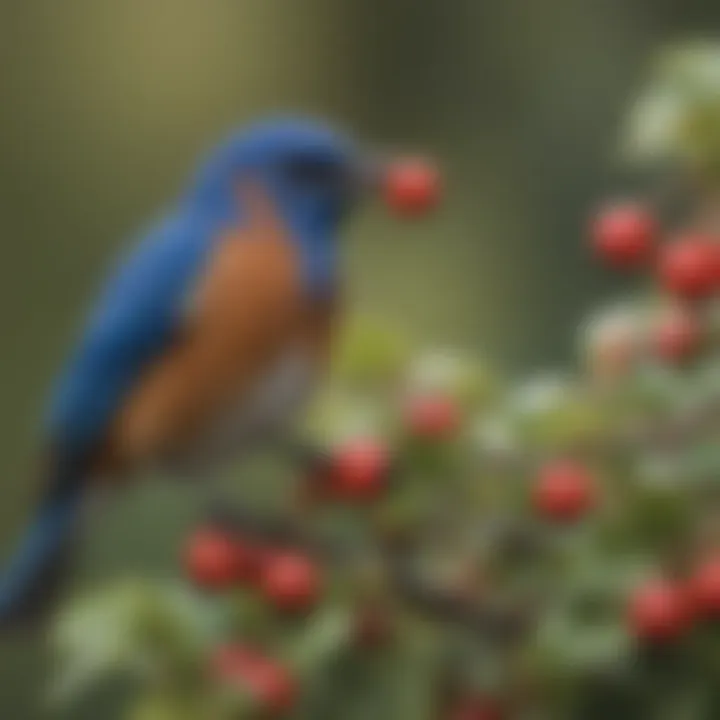 A close-up of a bluebird feeding on berries