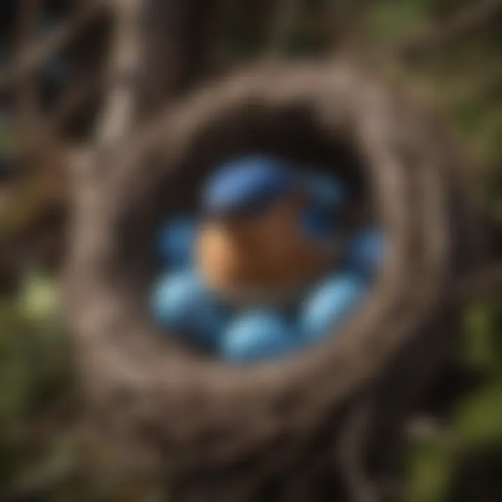 A bluebird nest with eggs in a natural setting