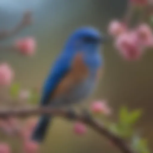 A vibrant bluebird perched on a blooming branch