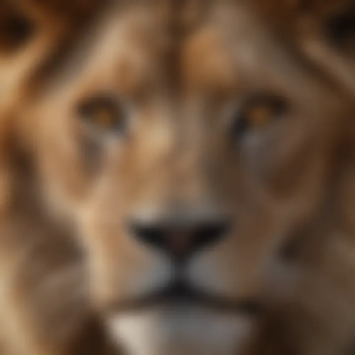 Close-up of a lion's face, showcasing its majestic mane and piercing eyes.