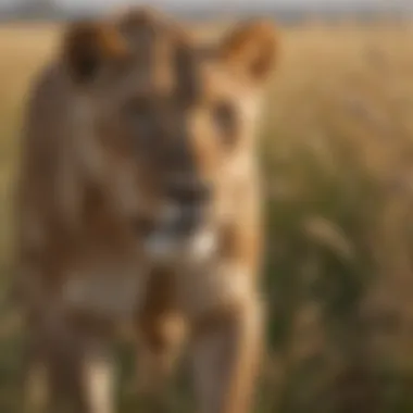 A Lioness in Action: The Art of the Hunt A lioness hunting in the tall grass, embodying the essence of a skilled predator.