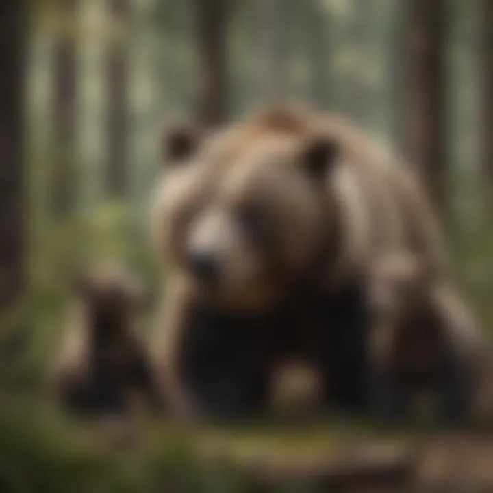 A mother bear nurturing her cubs in a forest