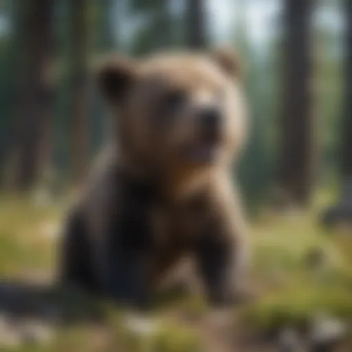 A playful bear cub exploring its natural habitat