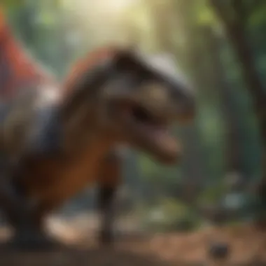 A vibrant scene of a dinosaur-themed adventure park