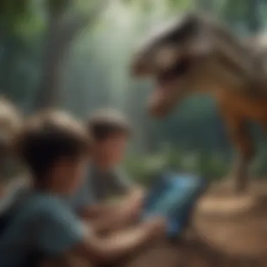 Children engaging with interactive dinosaur displays on a tablet