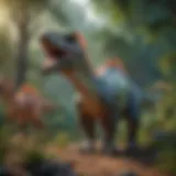 A colorful illustration of various dinosaurs in their natural habitat