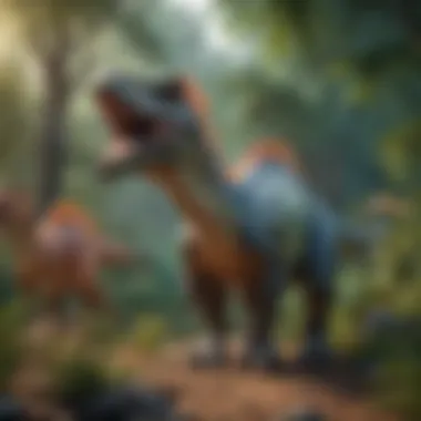 A colorful illustration of various dinosaurs in their natural habitat