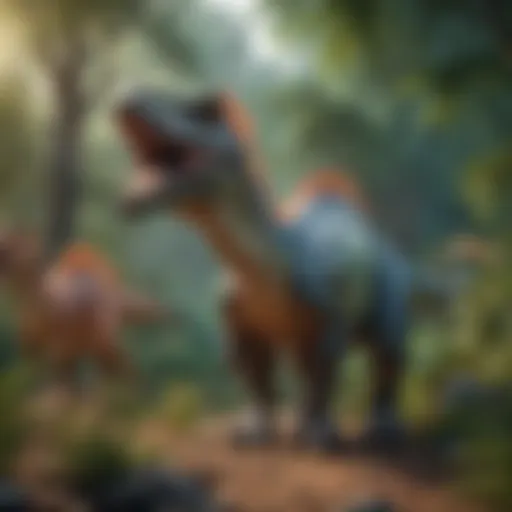 A colorful illustration of various dinosaurs in their natural habitat