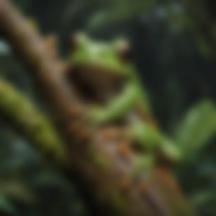 Tree frog camouflaged in rainforest foliage