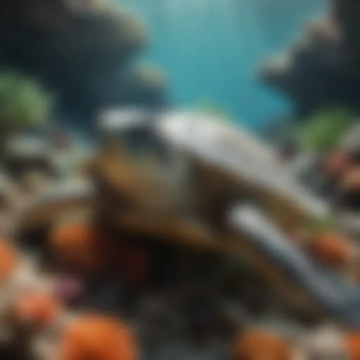 Green sea turtle resting on a vibrant coral reef