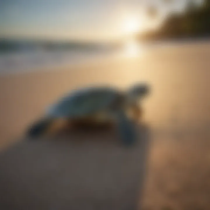 Young green sea turtle hatchling making its way to the ocean