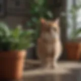 Curious cat investigating a potted plant