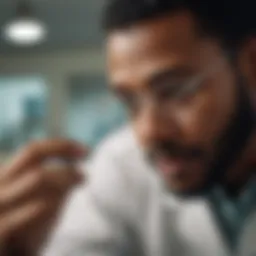 African American scientist examining a microscope slide