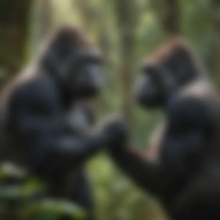 Social Bonds: Gorillas in Harmony Gorillas interacting in a lush forest setting