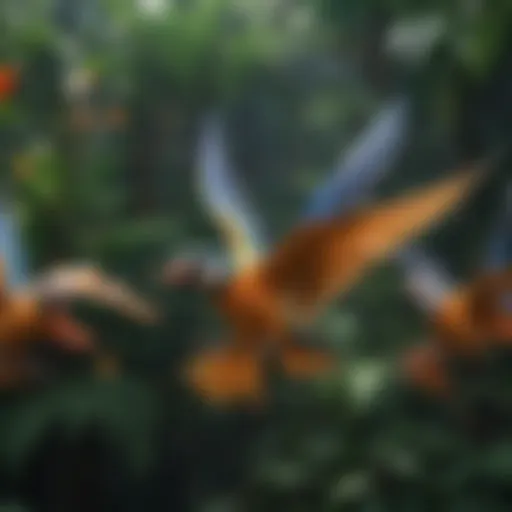 A colorful display of tropical birds in flight.