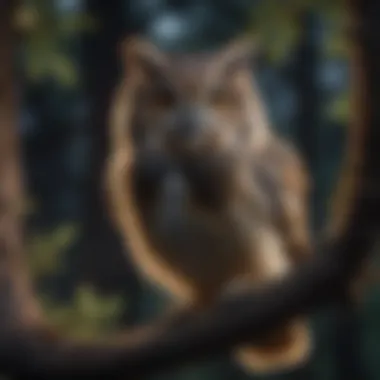 Wise Owl at Night A wise owl perched on a tree branch at night.