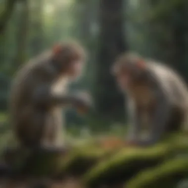 Monkeys foraging for food in a lush forest environment