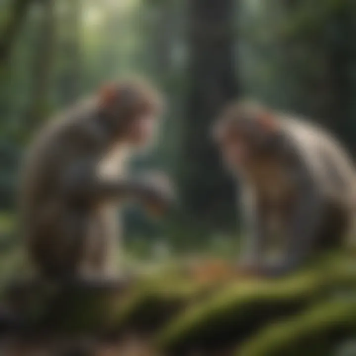 Monkeys foraging for food in a lush forest environment
